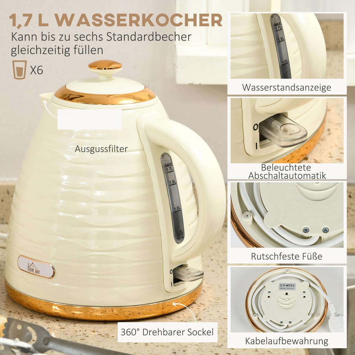 WASSERKOCHER-TOASTER-SET mit 1,7 L Wasserkocher, 4 Scheiben-Toaster, Beige - Beige, Kunststoff (19.5/23.2/24.1cm) - HOMCOM