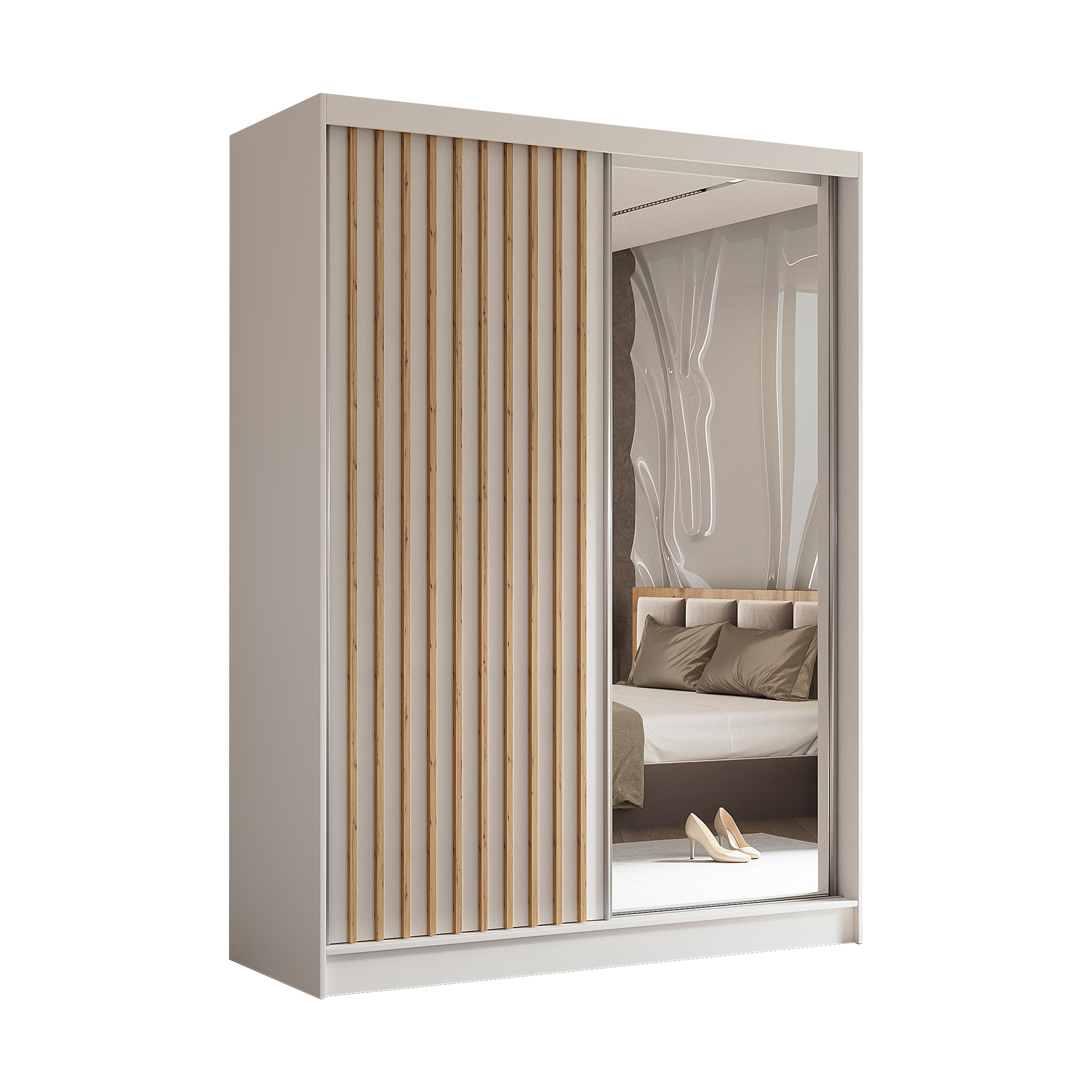SCHWEBETÜRENSCHRANK LAMELLO 160/216/61 cm 2-türig mit Spiegel Weiß - Weiß, Holzwerkstoff (160/216/61cm) - MASSENO