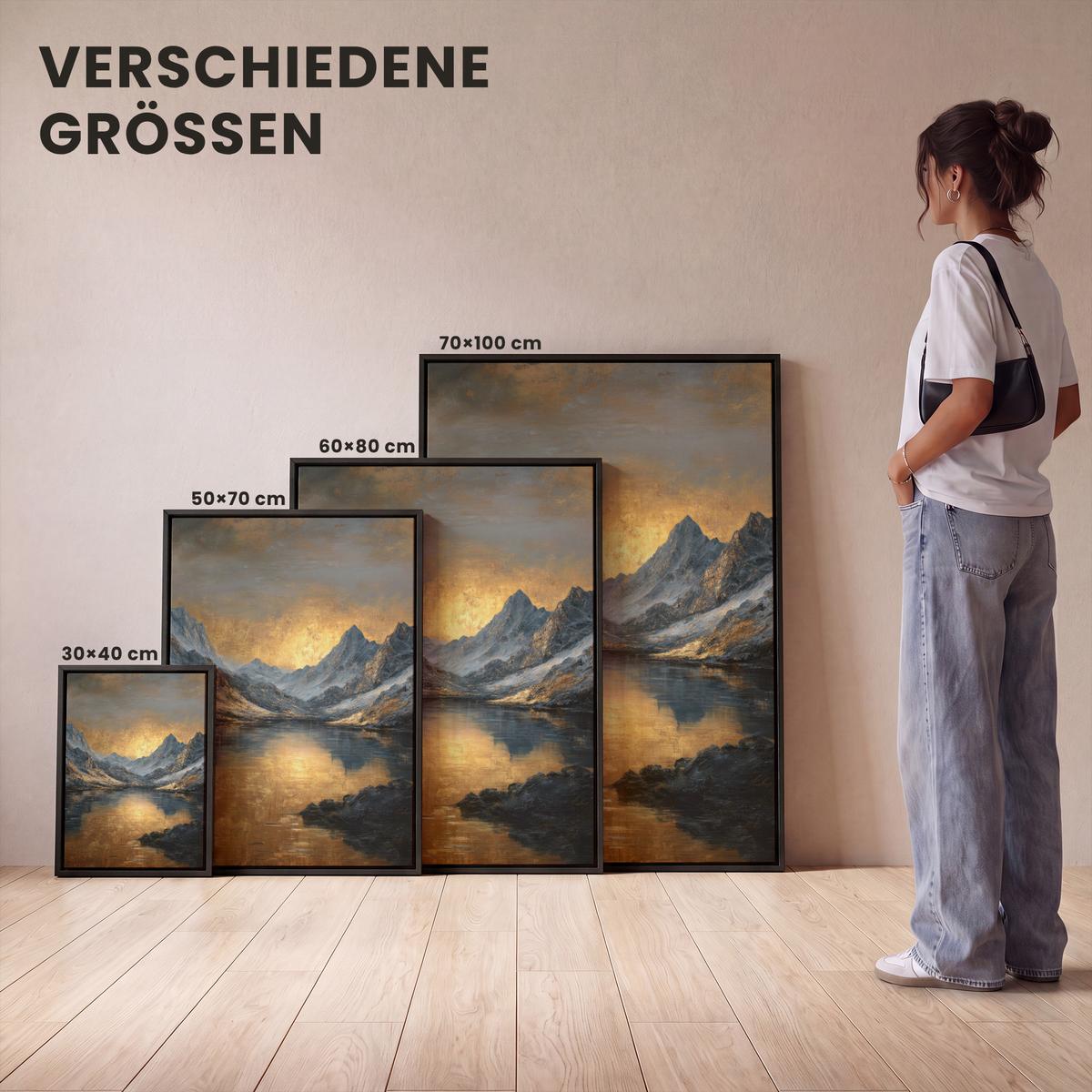 LEINWAND Bilder mit Rahmen - Bergkulisse mit goldenem Sonnenuntergang - 30x40 - Goldfarben, Textil (30/40cm) - MuchoWow