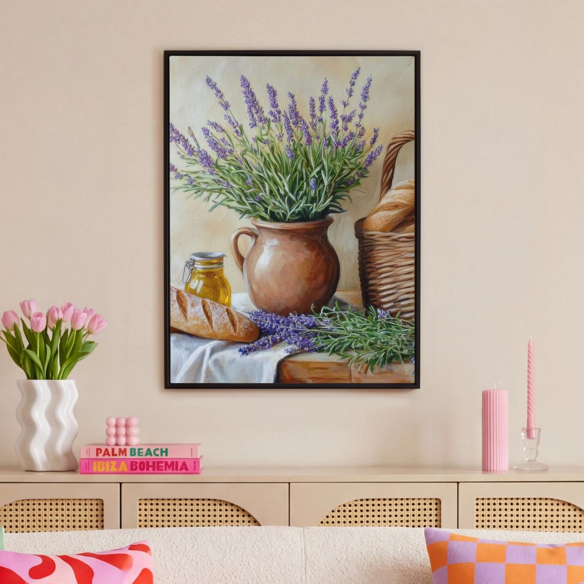 LEINWAND Bilder mit Rahmen - Lavendel - Brot - Stilleben - 70x100 - Flieder, Textil (70/100cm) - MuchoWow