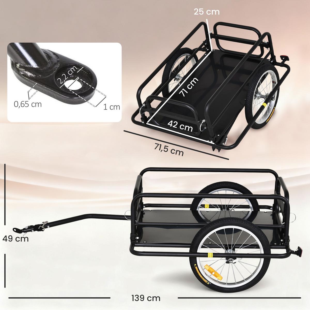 FAHRRADANHÄNGER Lastenanhänger für Fahrrad 40 kg Belastbarkeit Stahl - Schwarz, Metall (71.5/49/139cm) - HOMCOM