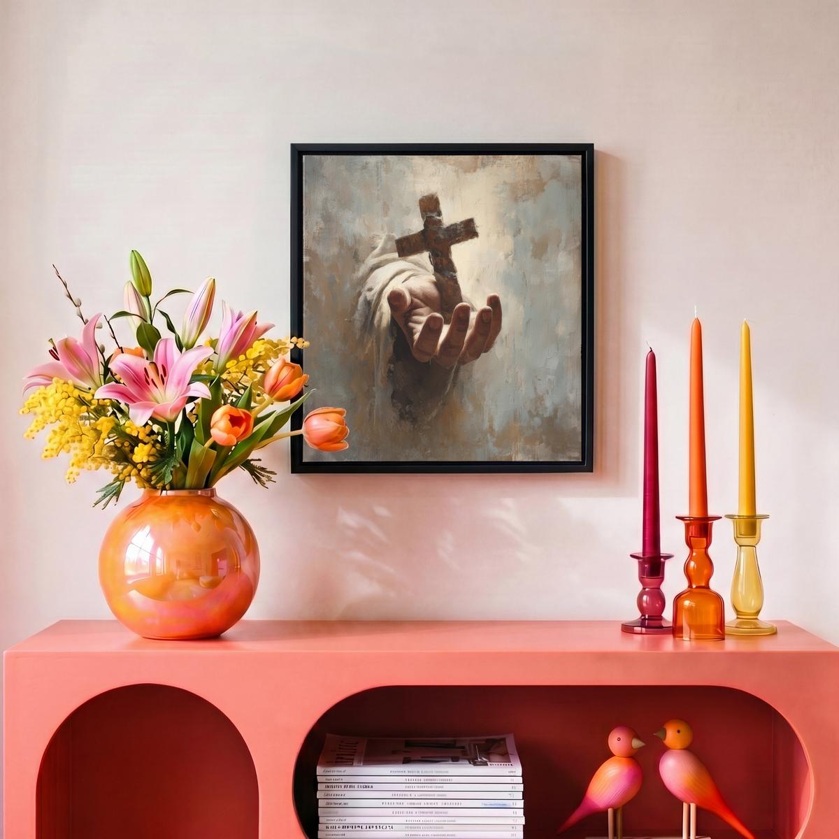 LEINWAND Bilder mit Rahmen - Abstrakt - Kreuz - Hand - Christentum - 20x20 - Hellbraun, Textil (20/20cm) - MuchoWow