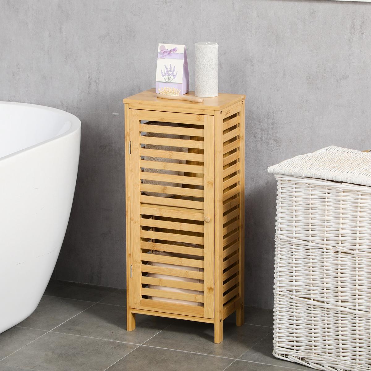 BADSCHRANK Badezimmerschrank, Bad Beistellschrank mit Lamellentür, 2 Fächern - Naturfarben, Holz (19.9/70/30cm) - Kleankin
