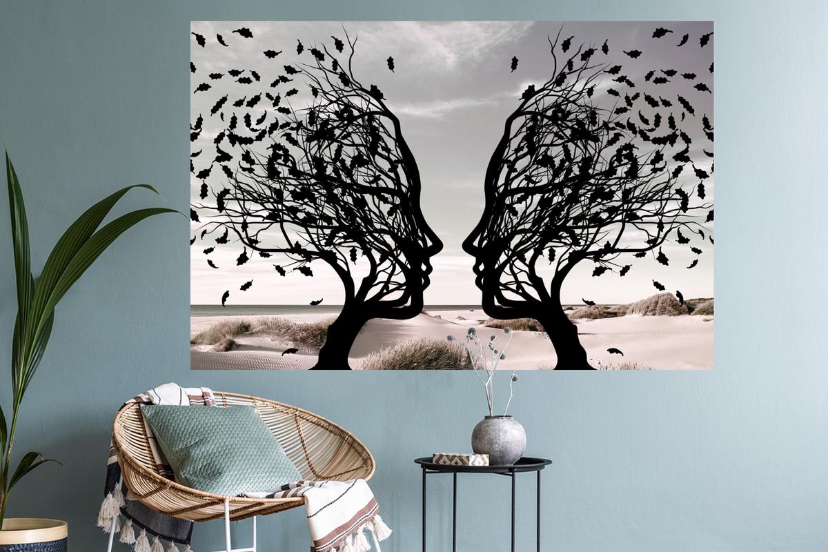WANDTATTOO Strand - Meer - Menschen - Baum - Moderne Kunst Wandsticker 120x80 cm - Hellgrau, Kunststoff (120/80/0.1cm) - MuchoWow