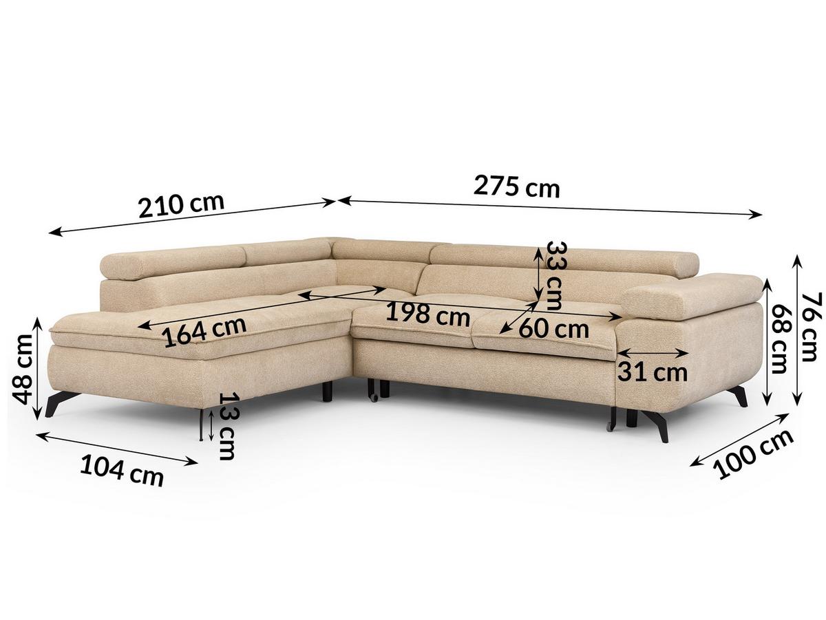 ECKSOFA mit Schlaffunktion und Bettkasten Bonnie aus Taupe Chenille-Stoff mit verstellbaren Kopfstützen und Armlehne - Ottomane links - Taupe/Schwarz, Holz/Textil (275/210cm) - S-Style