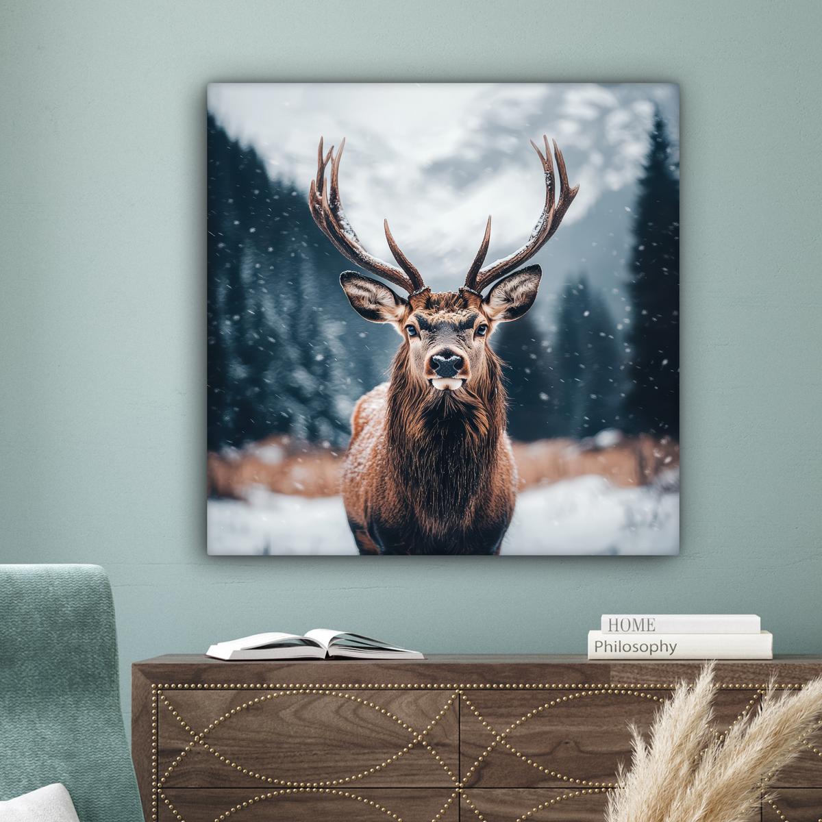 LEINWANDBILD Hirsche - Tiere - Landschaft - Winter - Schnee Deko Groß 90x90 cm - Kastanienfarben, Textil (90/90cm) - MuchoWow