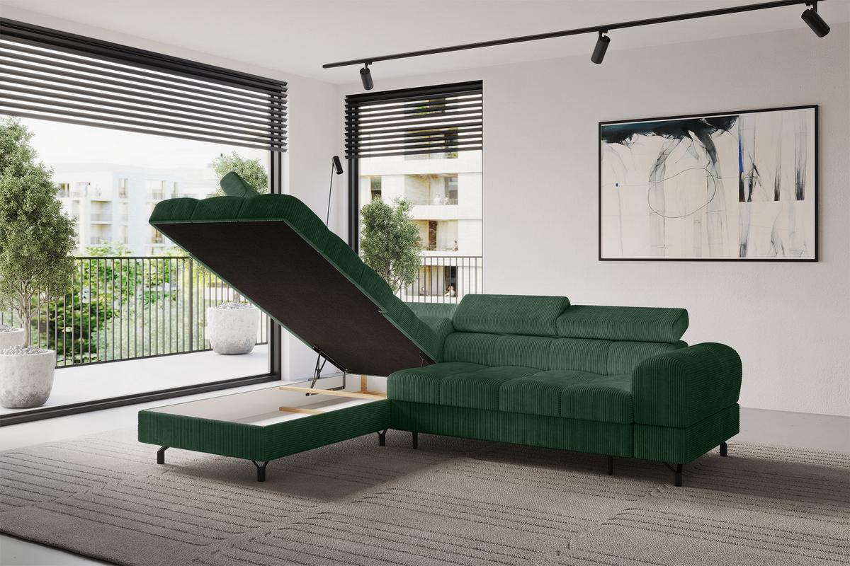 ECKSOFA mit Schlaffunktion Ottomane Links LUMA-L 272x203x70 Grün Cord - Waldgrün/Schwarz, Holzwerkstoff/Kunststoff (272/203cm) - ALTDECOR