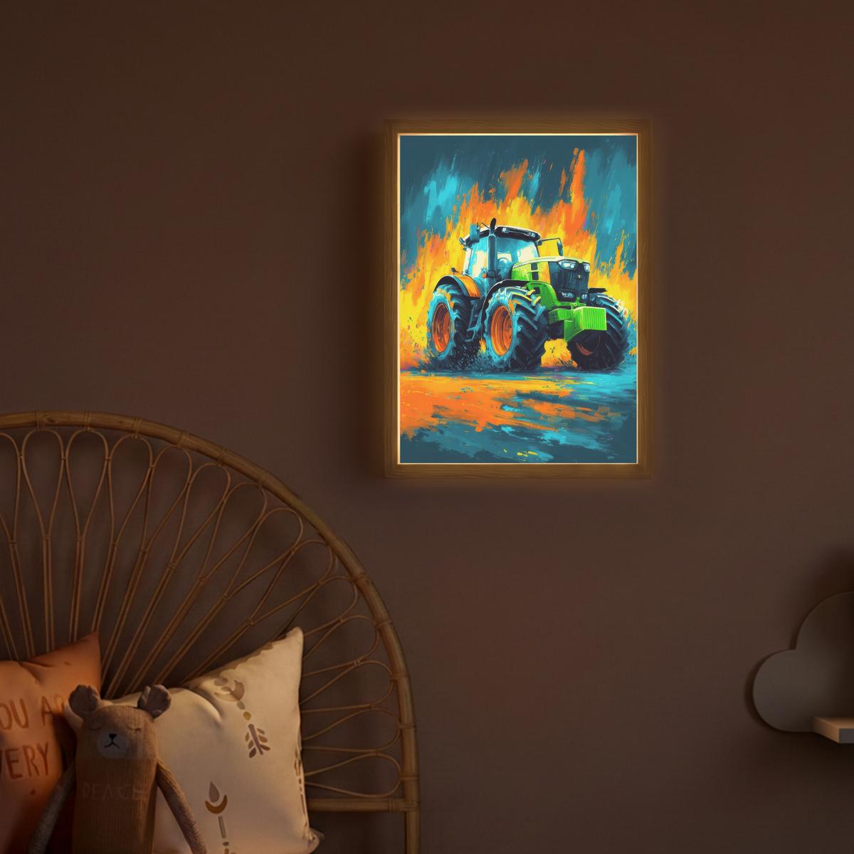 WANDLEUCHTE MIT AKKU Abstrakt - Traktor - Grün 30x40 cm - Dunkelblau, Holzwerkstoff (30/40/8cm) - OnlyWow