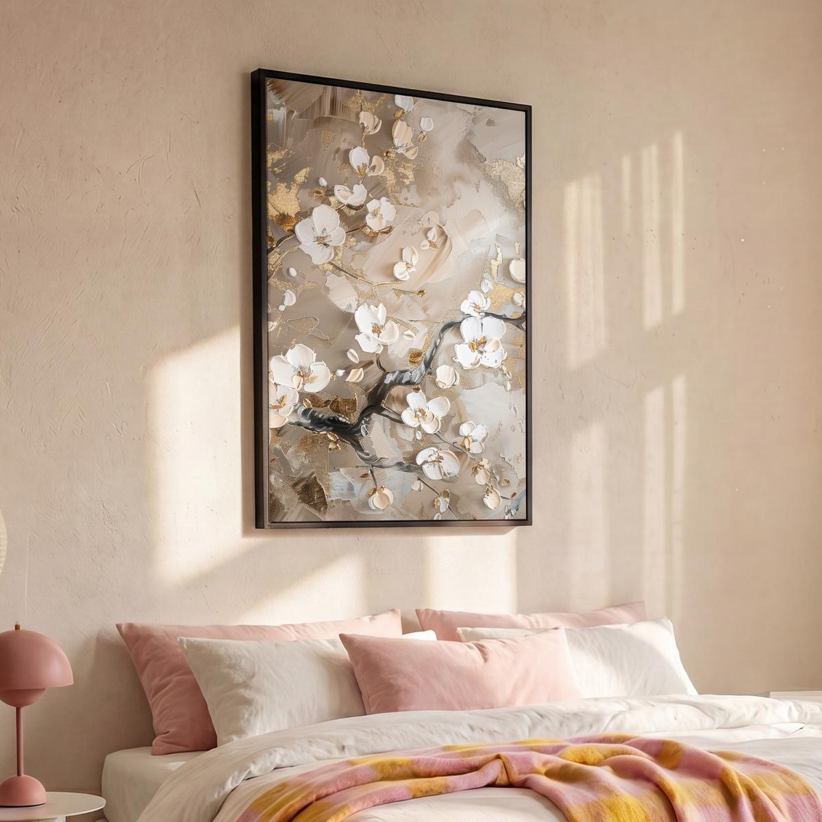 LEINWAND Bilder mit Rahmen - Blumen - Weiß - Gold - Beige - Luxus - 90x140 - Greige, Textil (90/140cm) - MuchoWow