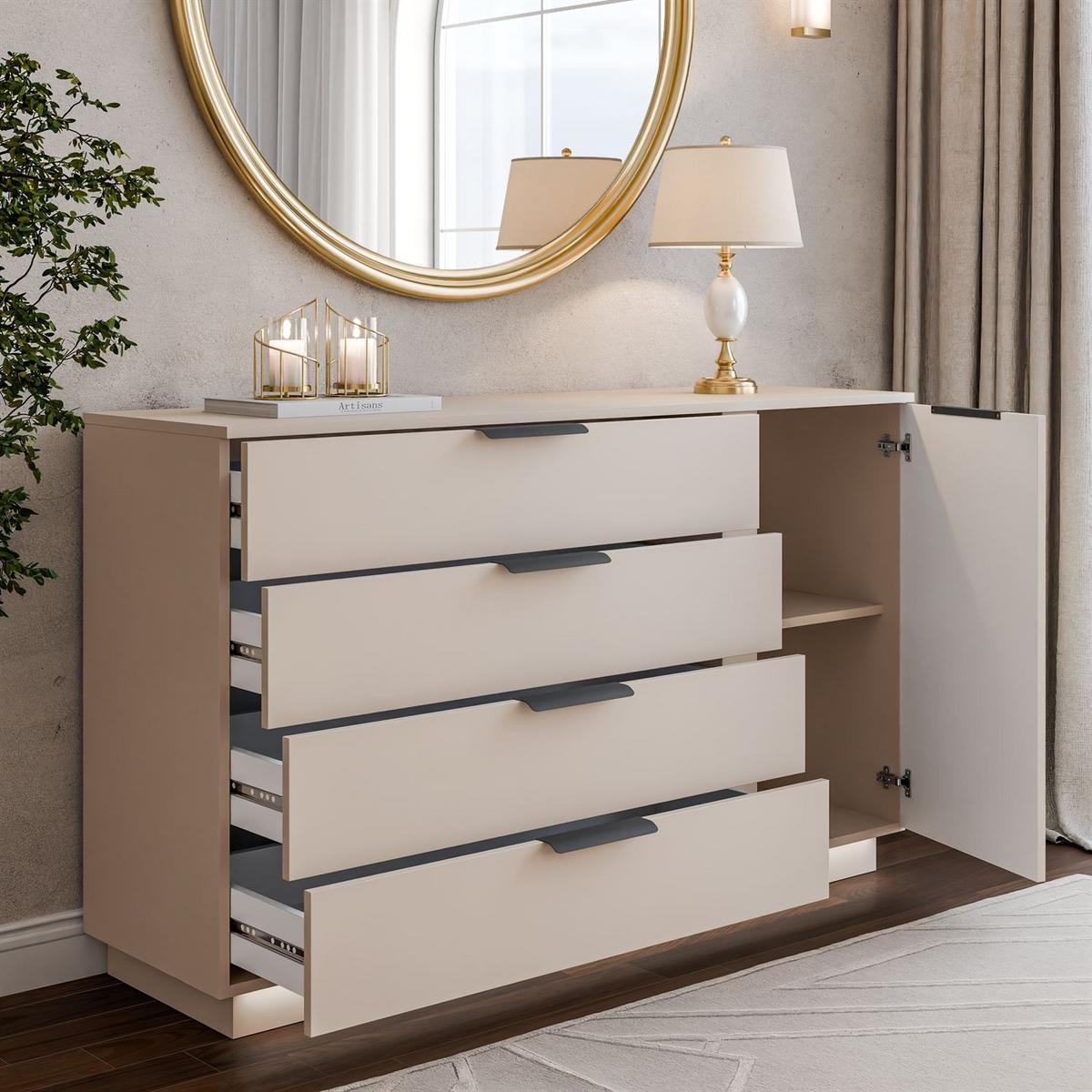 KOMMODE LINA KASCHMIR 1D4S mit LED-Beleuchtung auf Sockel Schwarz - Kaschmir, Holzwerkstoff (138/84/40cm) - Lookway