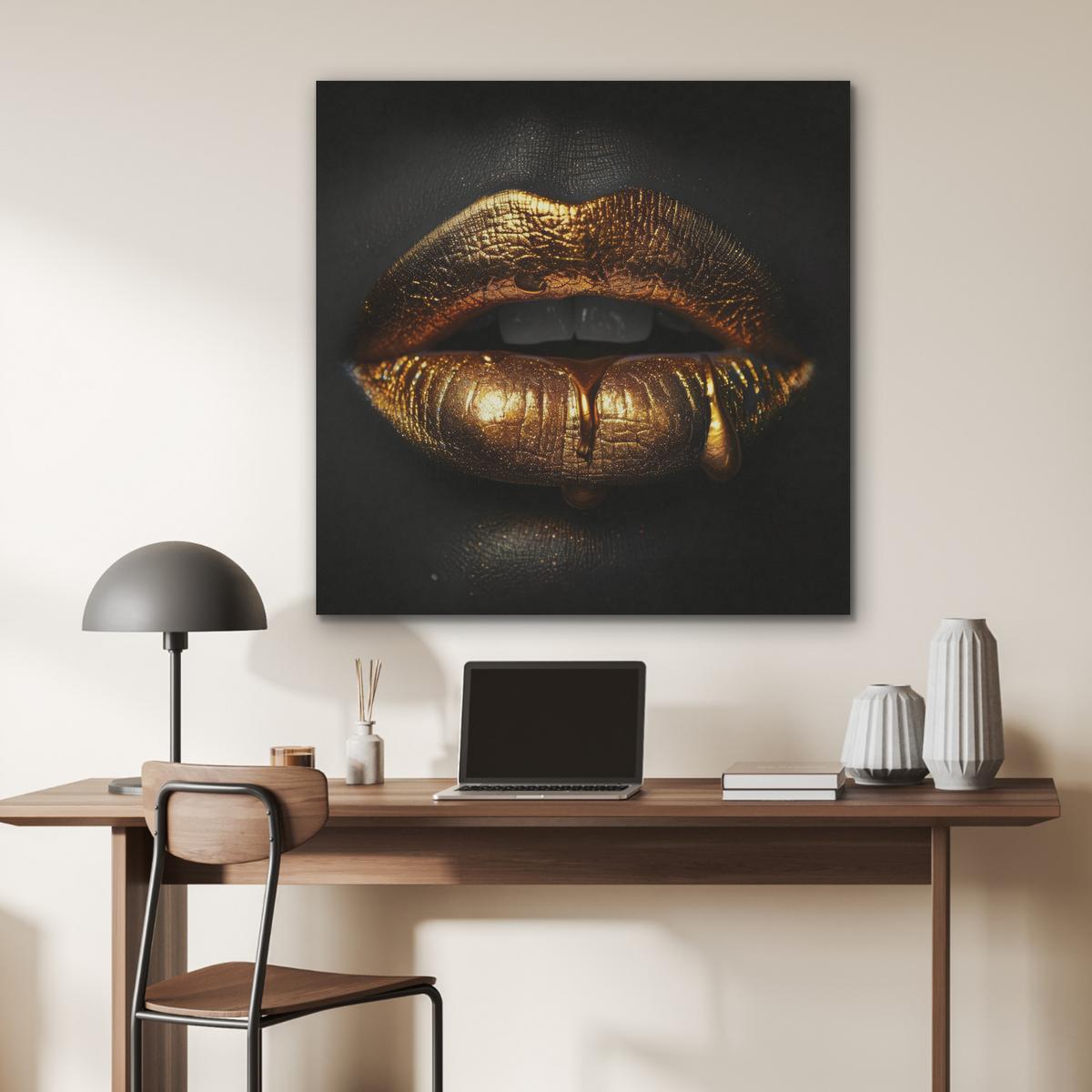 AKUSTIKBILD Frau - Porträt - Lippen - Gold - Schwarz Akustikpaneele 90x90 cm - Schwarz, Kunststoff (90/90/0.9cm) - MuchoWow