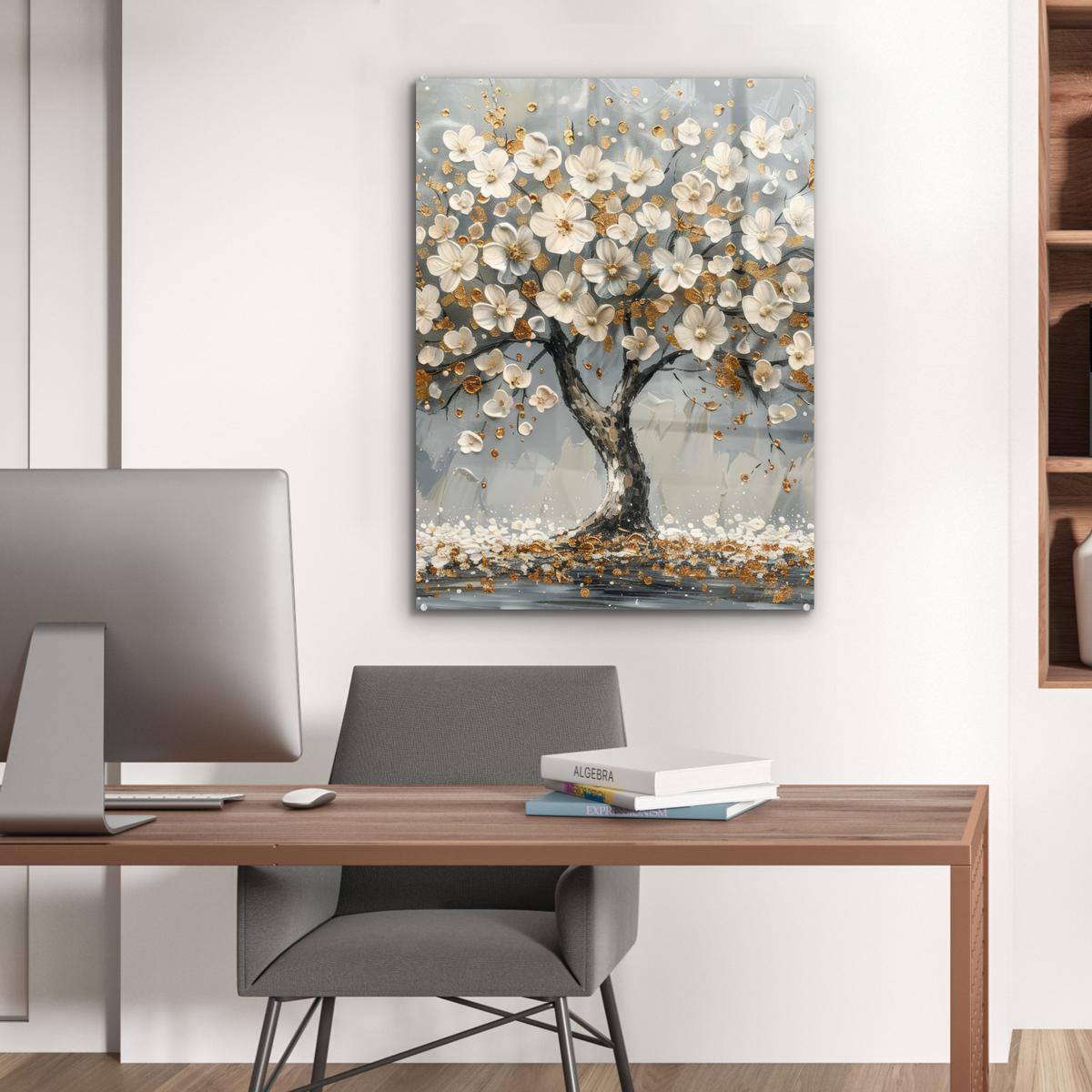 ACRYLGLASBILD Baum - Blumen - Weiß - Natur - Kunst 60x80 cm - Weiß, Glas (60/80cm) - MuchoWow