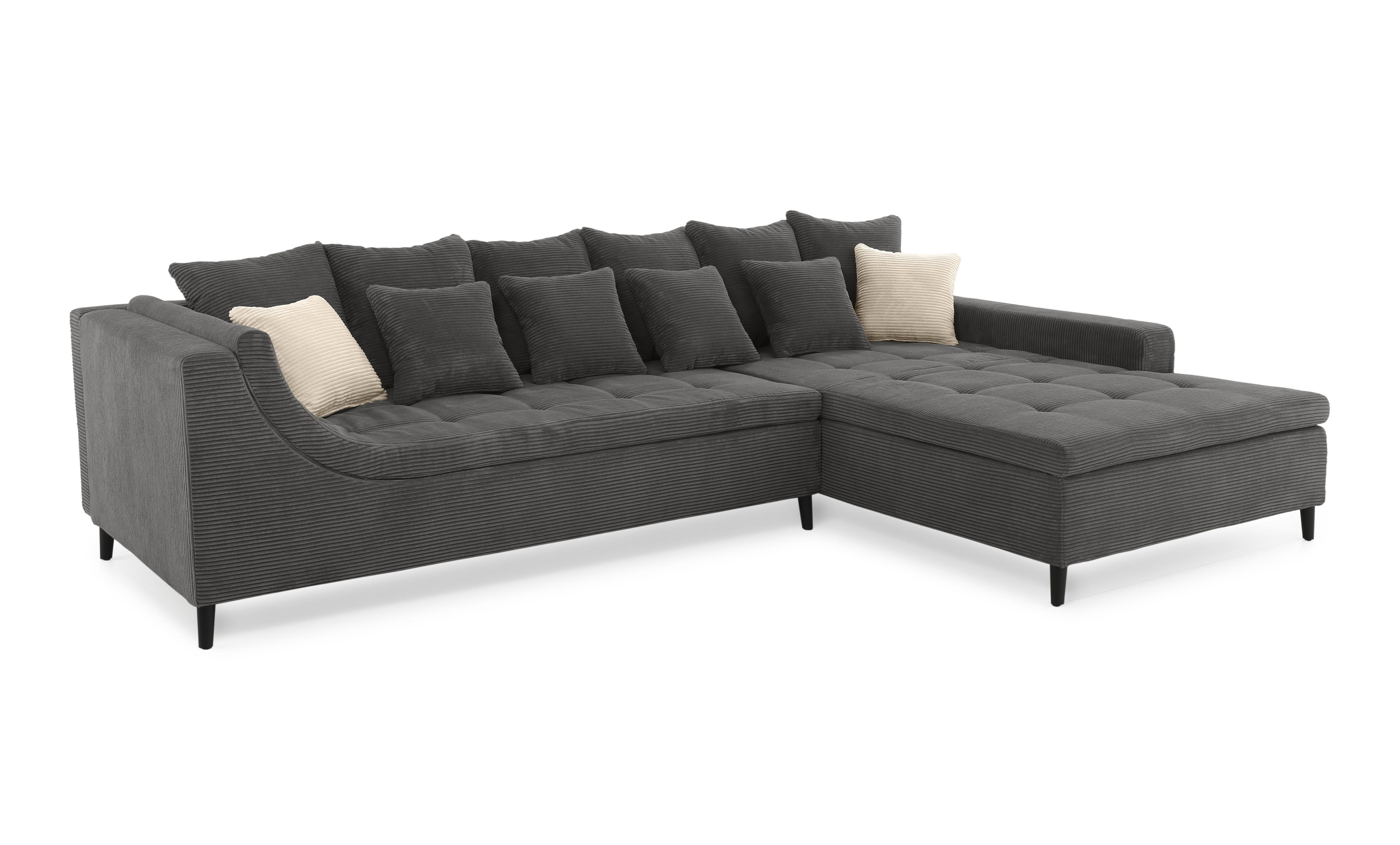 ECKSOFA mit dekorativen Steppungen und Rutschenlehne, seitenverkehrt montierbar B326/T213/H91 cm, Cord Dunkelgrau / 15222 - Dunkelgrau/Anthrazit, Textil/Metall (326/213cm) - luma-home