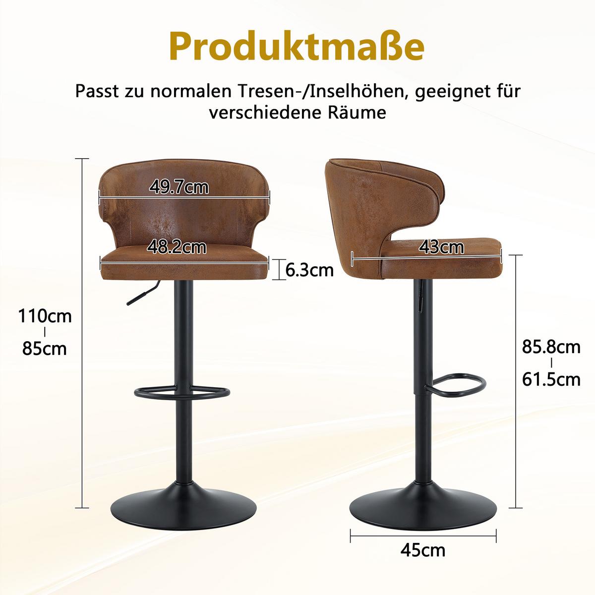 BARHOCKER 2er Set Braun Höhenverstellbar mit Lehne & Fußstütze - Braun, Textil (49.7/110/45cm) - Urban Meuble