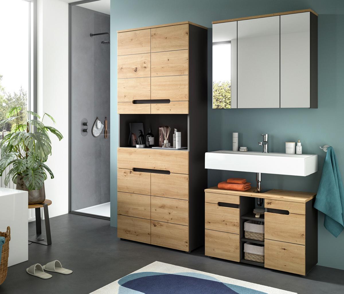 HOCHSCHRANK Eiche, grau 76 x 193 cm, Badschrank mit Soft-Close - Eiche Artisan/Grau, Holz/Holzwerkstoff (76/193/34cm) - Inn.Furn