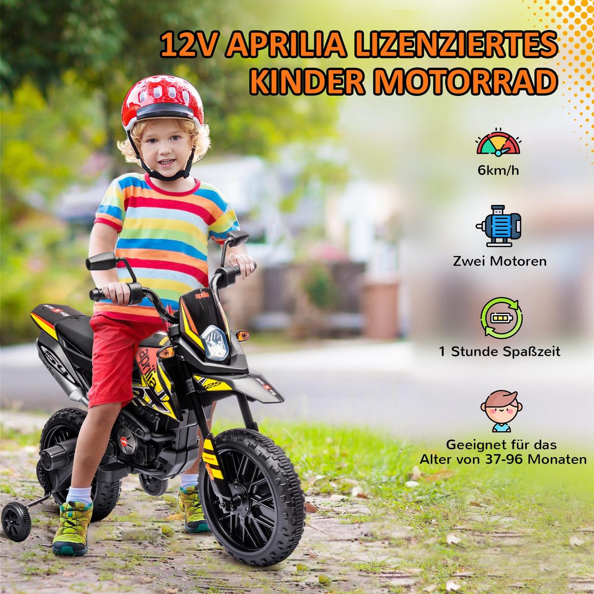 KINDER Elektro-Motorrad, 12V Kindermotorrad mit Musik, 6 km/h Kinderfahrzeug - Gelb, Metall (106.5/56/80cm) - AIYAPLAY