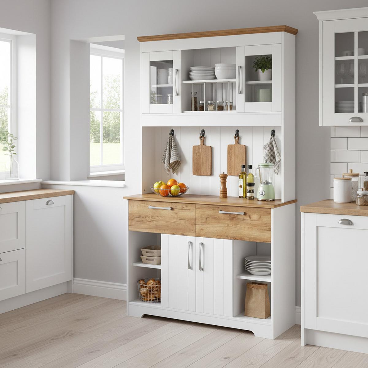 HIGHBOARD weiß und holzoptik, viel stauraum und mit vitrine fächern - Weiß, Holzwerkstoff (106/176.5/39cm) - Urban Meuble