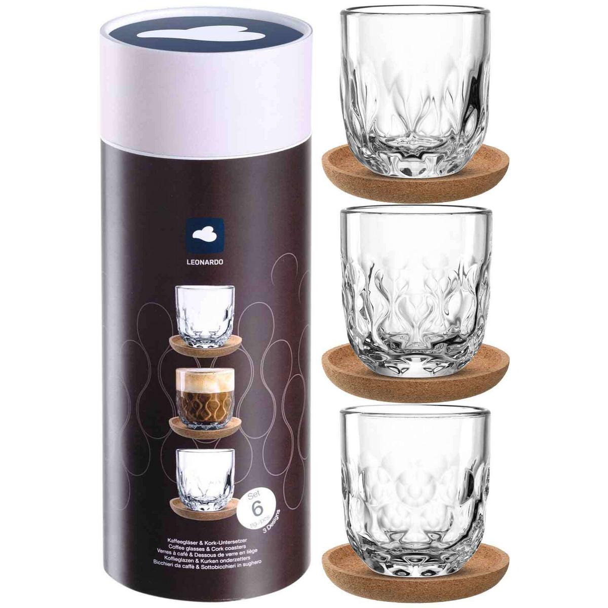 KAFFEE-SET MIT UNTERSETZER Gocce transparent 220 ml 3er Set - Transparent, Glas (0.22L) - Leonardo Living