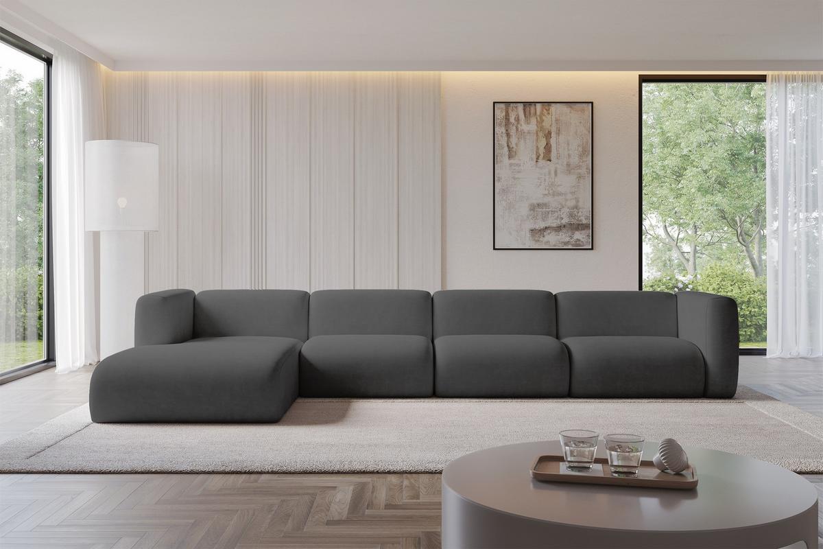 ECKSOFA Ottomane Links MIRA-L3 409x179x70 Dunkelgrau Velours - Dunkelgrau/Schwarz, Holzwerkstoff/Kunststoff (409/179cm) - ALTDECOR