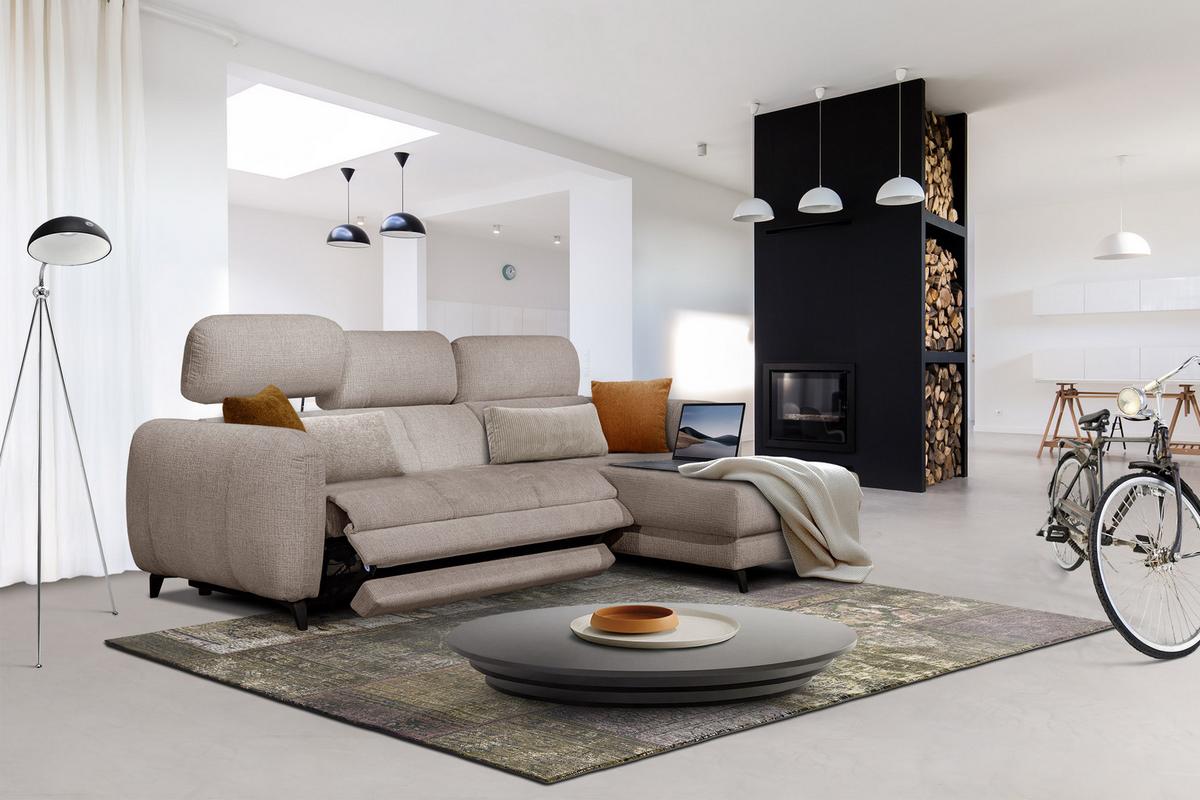 ECKSOFA SVEN 3-Sitzer, 1 Relax XL, verstellbare Kopfstützen, beige - Beige/Schwarz, Holzwerkstoff/Textil (256/163cm) - Wozimo