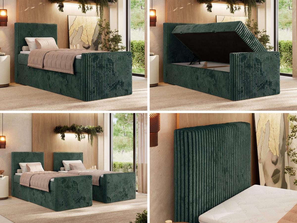 BOXBETT TILIANO DUO 90/200 - Dunkelgrün Cord - H3 - Topper Visco - Links Seite - Dunkelgrün, Textil (200/90cm) - MKS