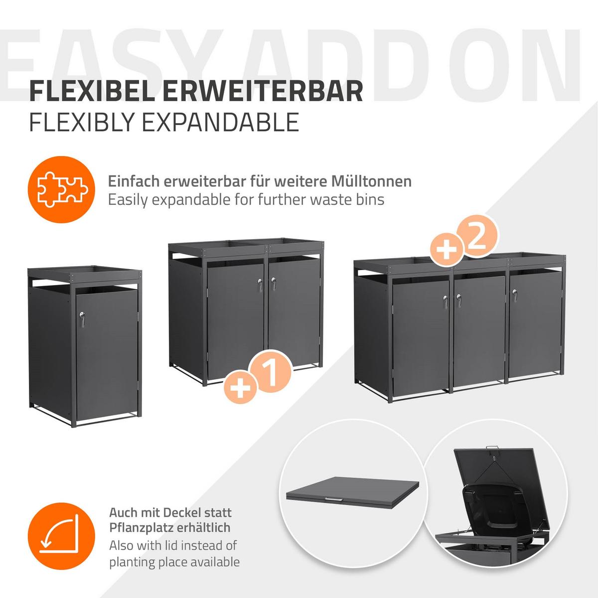 MÜLLTONNENBOX 3er mit Pflanzdach Anthrazit - Anthrazit, Metall (200/124/80cm) - ML-DESIGN