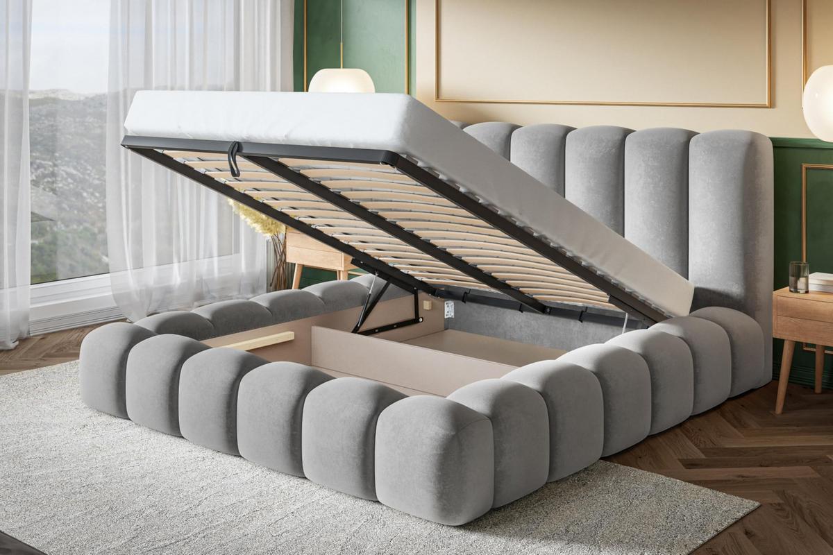 BETT 180x200 - Polsterbett mit Bettkasten und Metallrahmen - Modern Bett - Eleganter Catch Me-Stoff - Kollektion Nora Maxi - Weiß - Weiß, Holz/Textil (180/200cm) - Alpi-Möbel