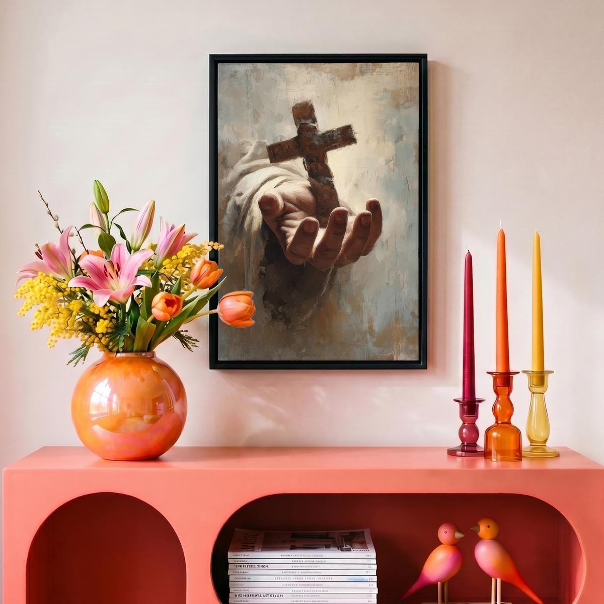 LEINWAND Bilder mit Rahmen - Abstrakt - Kreuz - Hand - Christentum - 20x30 - Hellbraun, Textil (20/30cm) - MuchoWow