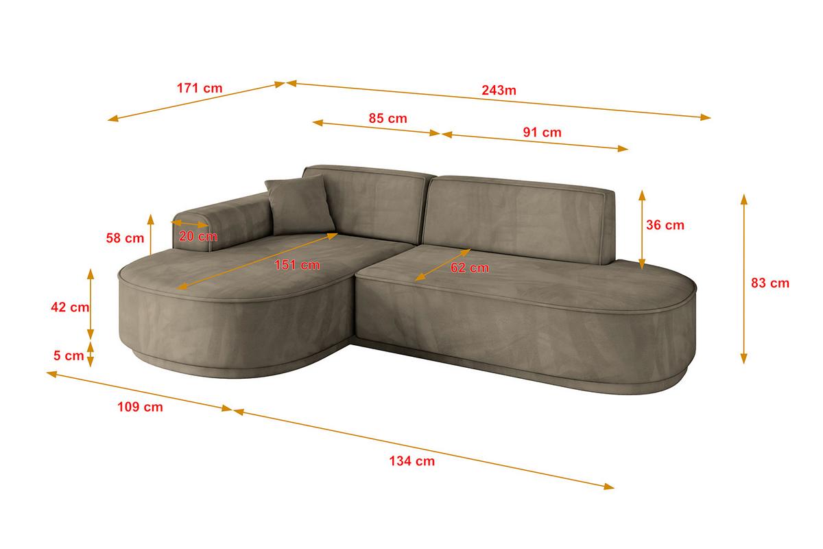 ECKSOFA Ottomane Links MARI-L1-v3 - 243x171x83 cm Dunkelbraun Velours - Dunkelbraun/Schwarz, Holzwerkstoff/Kunststoff (243/171cm) - ALTDECOR