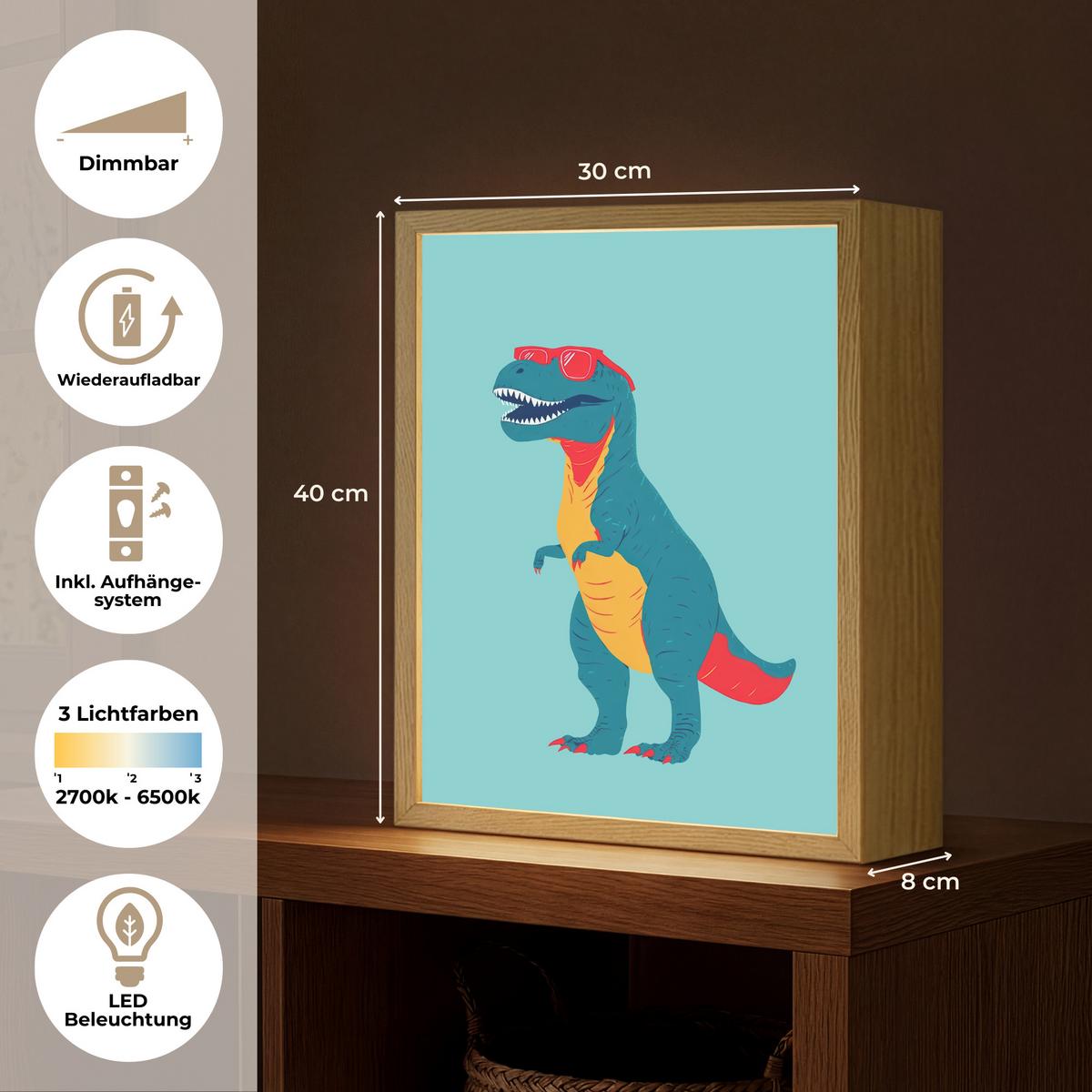 NACHTTISCHLAMPE MIT AKKU Dinosaurier - Blau - Sonnenbrille 30x40 cm - Hellblau, Holzwerkstoff (8/30/40cm) - OnlyWow