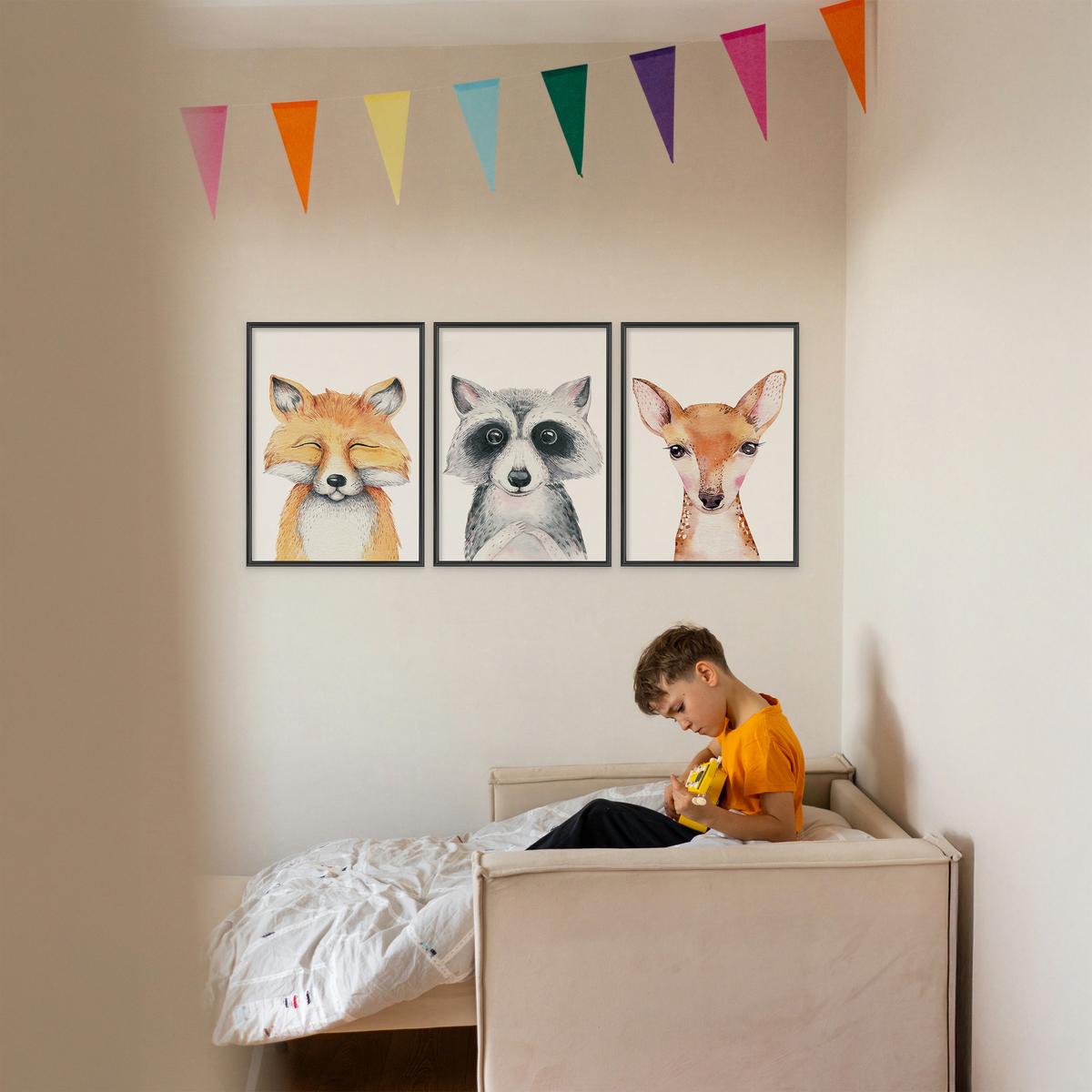POSTER SET ohne Rahmen für Kinderzimmer WALDTIERE Fuchs Waschbär Reh A3 30x42cm - Beige/Orange, Papier (30/42/1cm) - Muralo