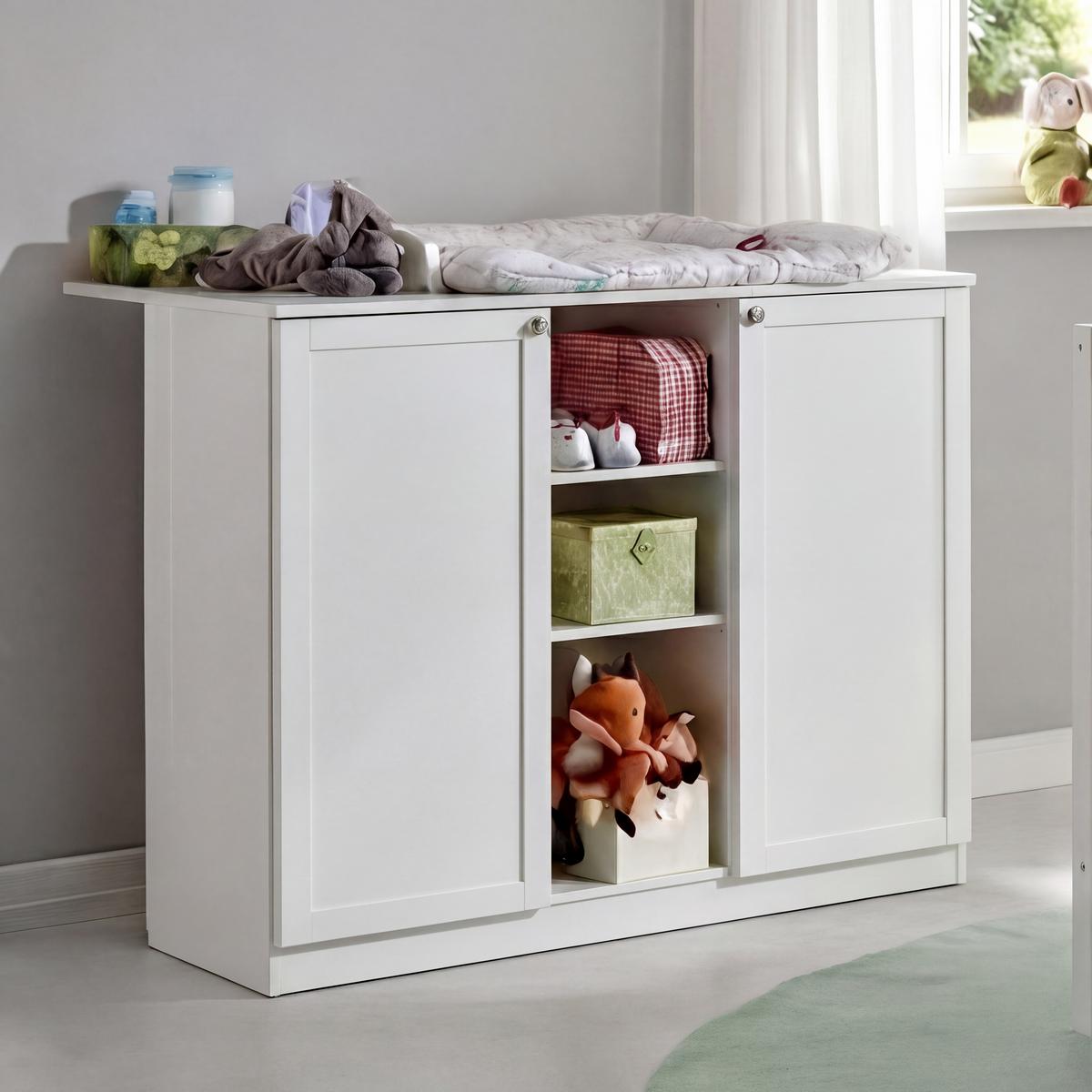 BABYZIMMER-SET 3-teilig: Babybett & Wickelkommode & Kleiderschrank 2-türig mit Schubladen B90/H200/T58 cm, Soft-Close, Landhausstil Weiß / 22802 - Silberfarben/Weiß, Holzwerkstoff/Metall (76/83/146cm) - luma-home