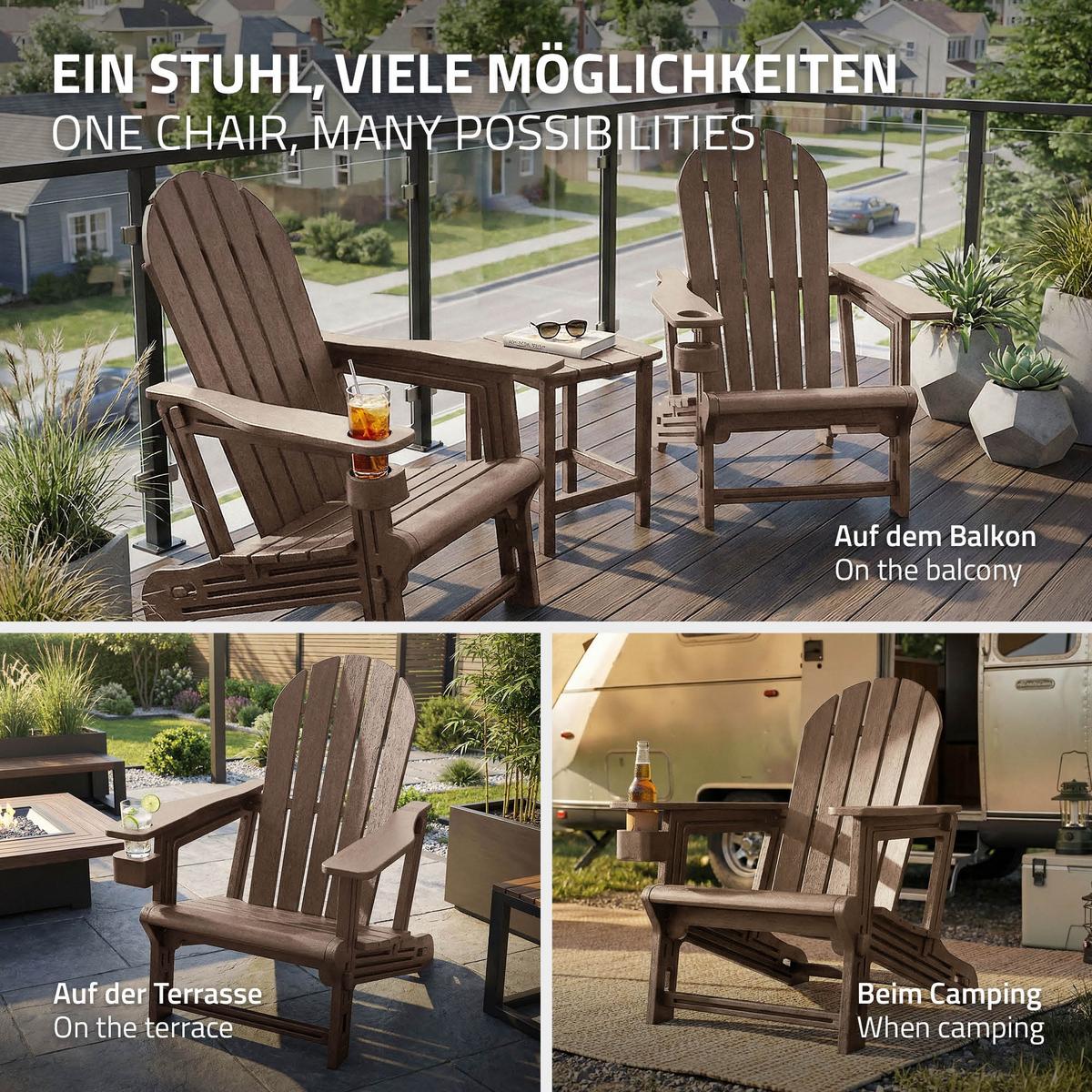 ADIRONDACK LOUNGESTUHL mit Getränkehalter Braun aus Kunststoff - Braun, Kunststoff (54.5/91/76cm) - ML-DESIGN