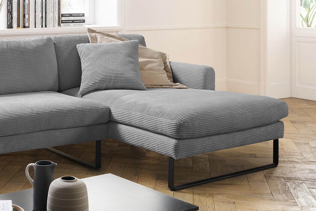 ECKSOFA RICARDA Grau Cord - Schwarz/Grau, Textil/Metall (298/154cm) - KAWOLA