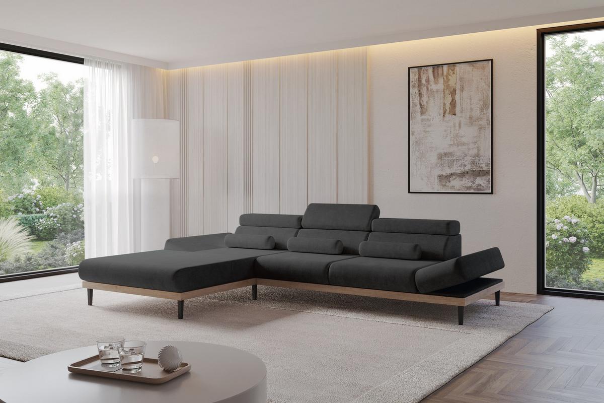 ELEKTRISCHES ECKSOFA Links MONA 316x205x85 Schwarz Velours - Schwarz/Graphitfarben, Holzwerkstoff/Textil (316/205cm) - ALTDECOR
