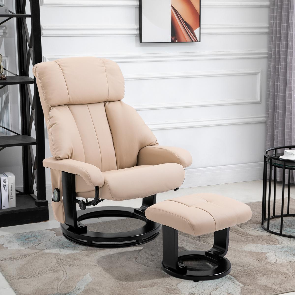 RELAXSESSEL mit Liegefunktion Massagesessel inkl. Hocker Fernsehsessel drehbar - Creme/Schwarz, Leder/Kunststoff (80/102/76cm) - HOMCOM