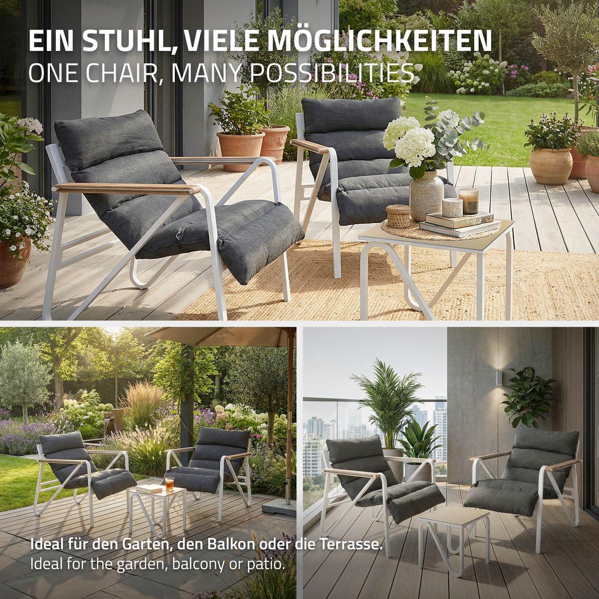 GARTENMÖBEL Set 3 tlg Weiß-Grau mit Stahlgestell - Anthrazit/Weiß, Textil/Metall - ML-DESIGN
