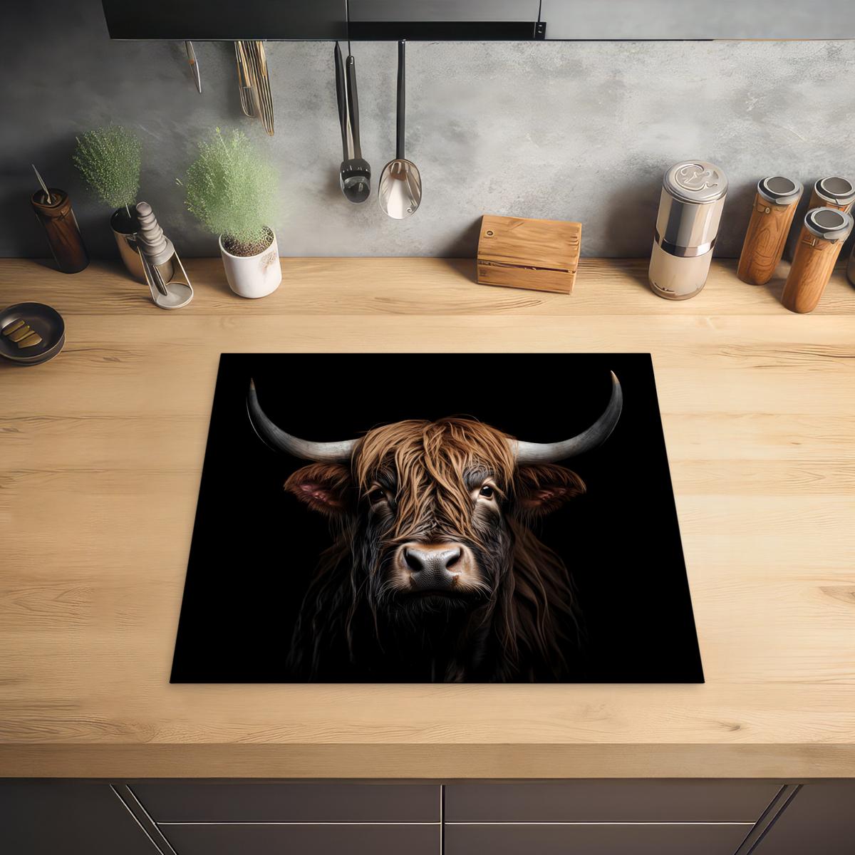 HERDABDECKPLATTE Schottischer Highlander - Porträt - Schwarz - Tier Abdeckung Ceranfeld 57.6x51.6 cm - Braun, Kunststoff (57.6/51.6/0.2cm) - MuchoWow