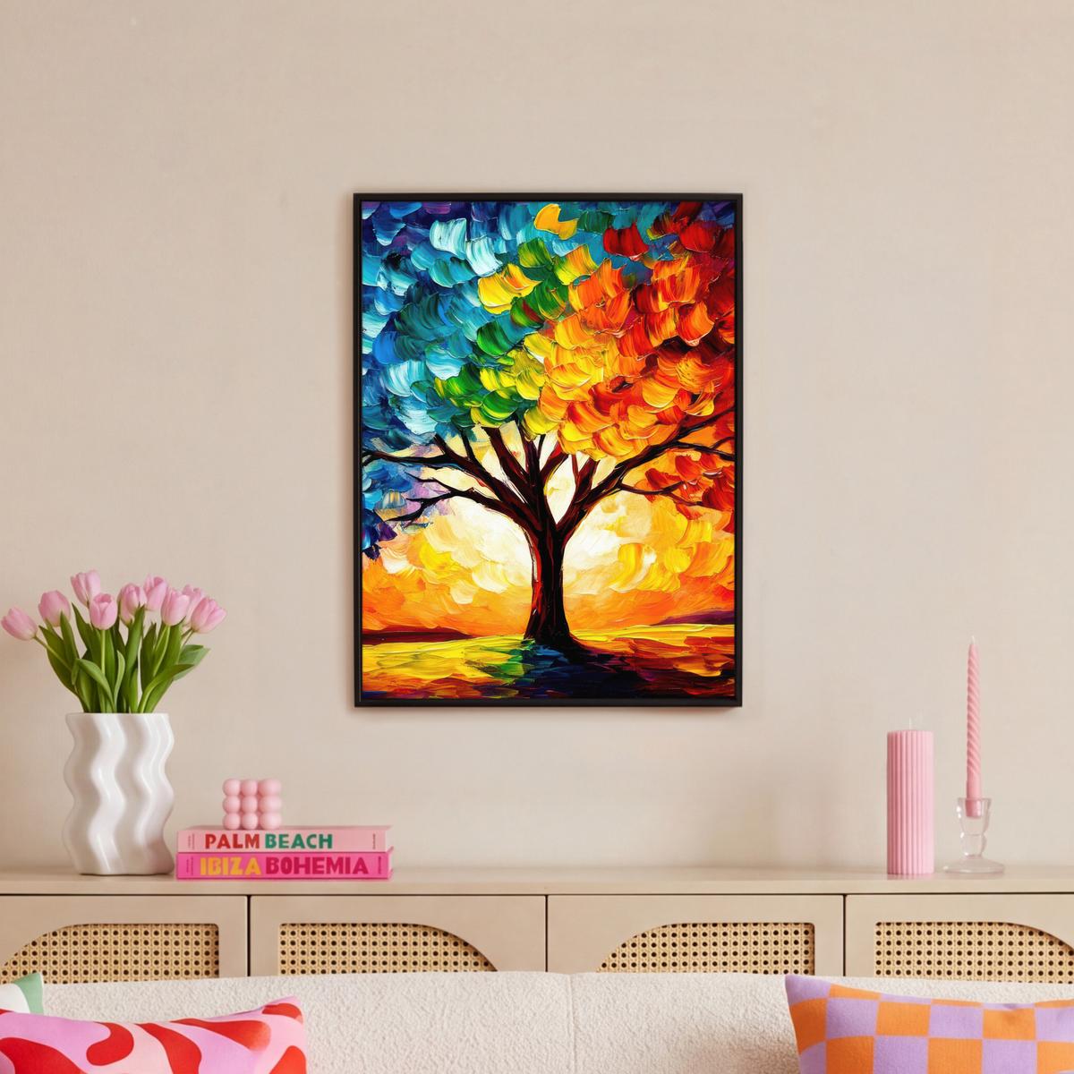LEINWAND Bilder mit Rahmen - Baum - Kunst - Natur - Sonnenuntergang - 50x70 - Multicolor, Textil (50/70cm) - MuchoWow