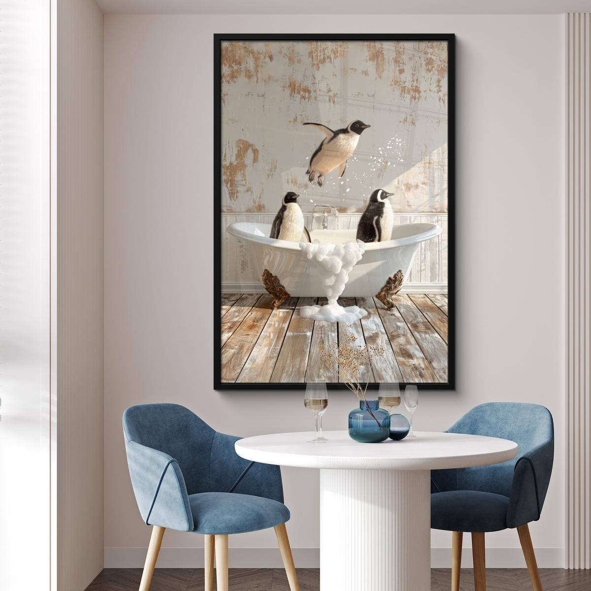 POSTER MIT RAHMEN Vintage - Pinguin - Badewanne - Schaumstoff Bilderleiste 80x120 cm - Schwarz, Papier (80/120cm) - MuchoWow