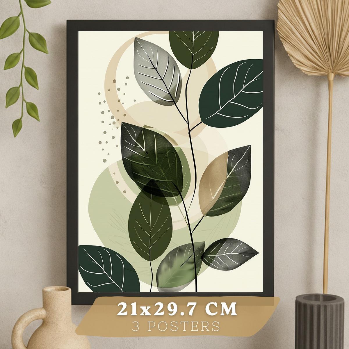 POSTER 3er Kunstdruck-Set Wandbilder Pflanzen Abstrakt modern Wohnzimmer Deko, Schlafzimmer, Küche, Badezimmer Schwarzer Rahmen A4 - Schwarz, Papier (29.7/1/21cm) - Nacnic