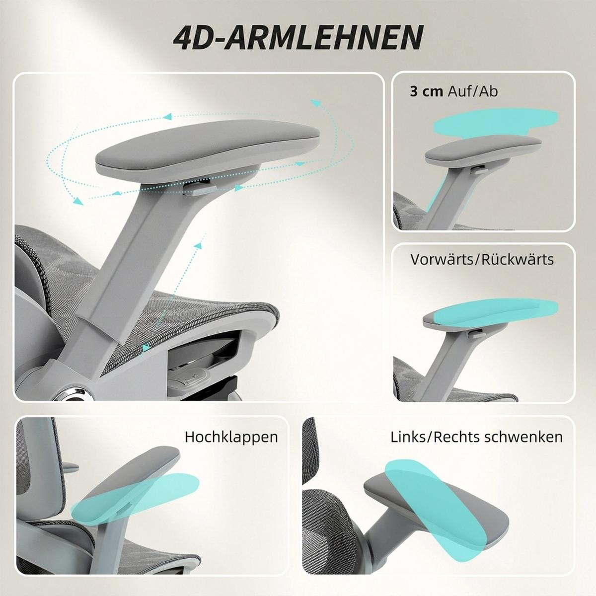 BÜROSTUHL Mesh 100 Polyester Grau - Silberfarben/Grau, Kunststoff/Textil (67/132/74cm) - HOMCOM