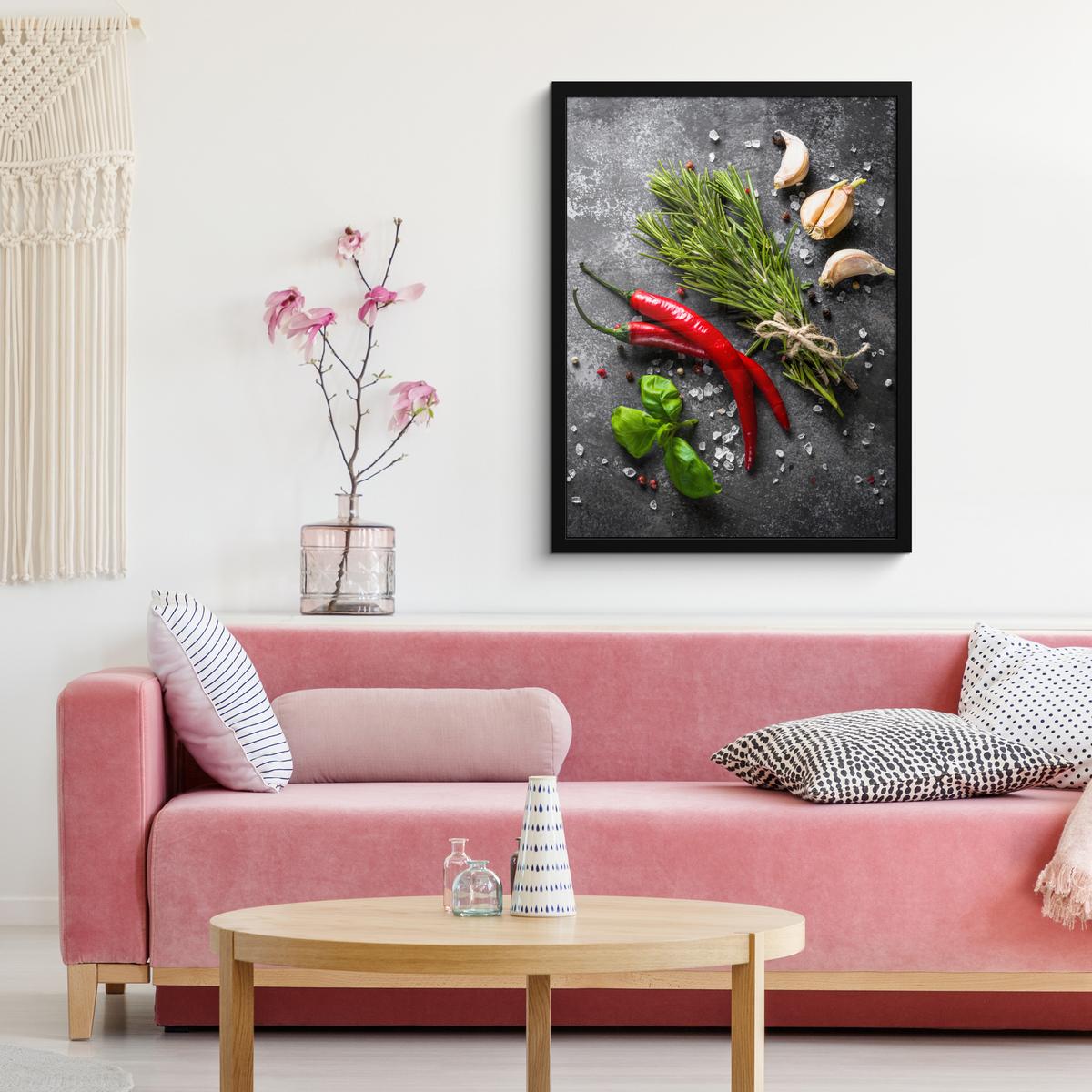 POSTER MIT RAHMEN Pfeffer - Kräuter - Gewürze - Beton Posterleiste 60x80 cm - Dunkelgrau, Papier (60/80cm) - MuchoWow