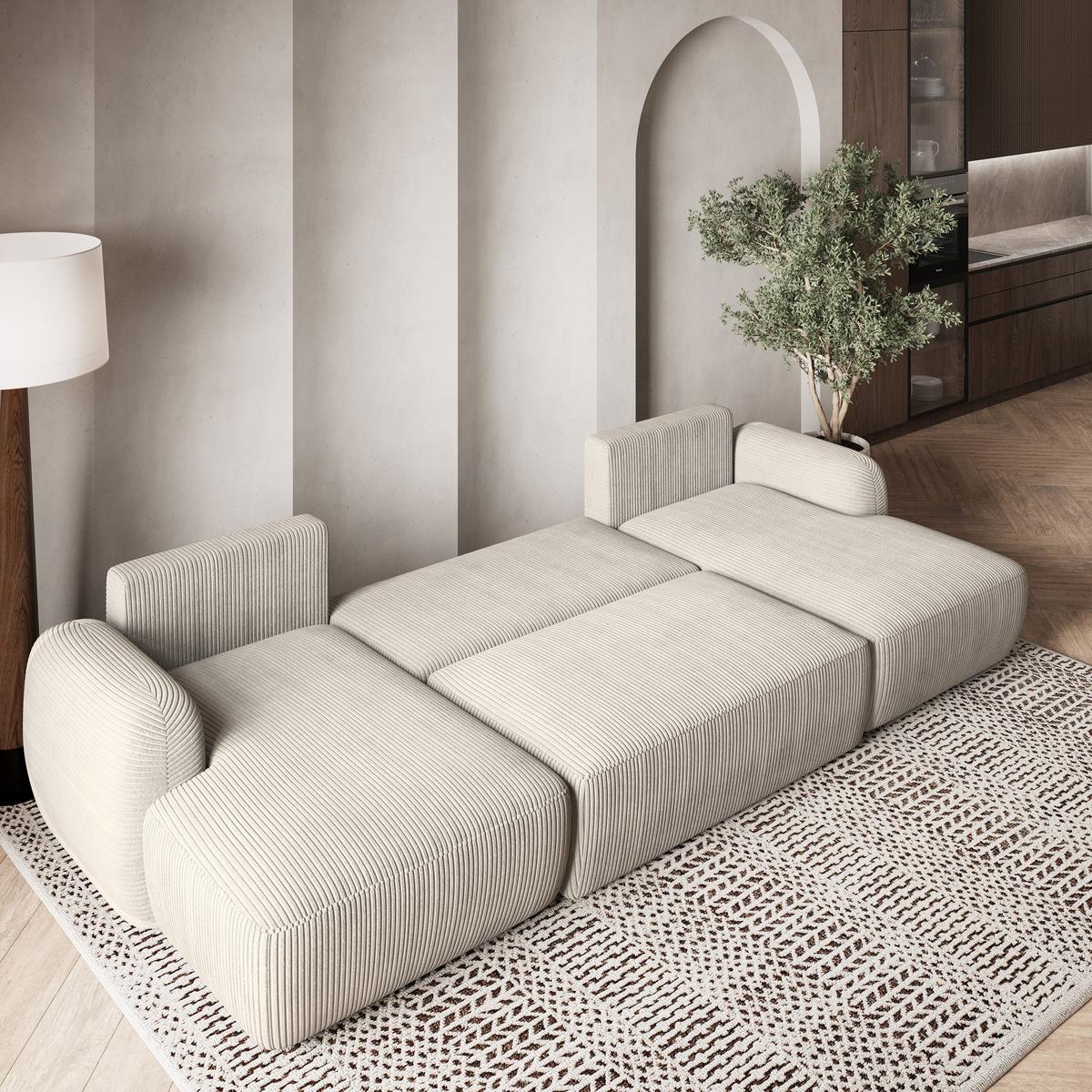 WOHNLANDSCHAFT SAVONA P Creme Kordstoff mit Schlaffunktion - Creme/Schwarz, Holz/Kunststoff (320/90/148cm) - MASSENO