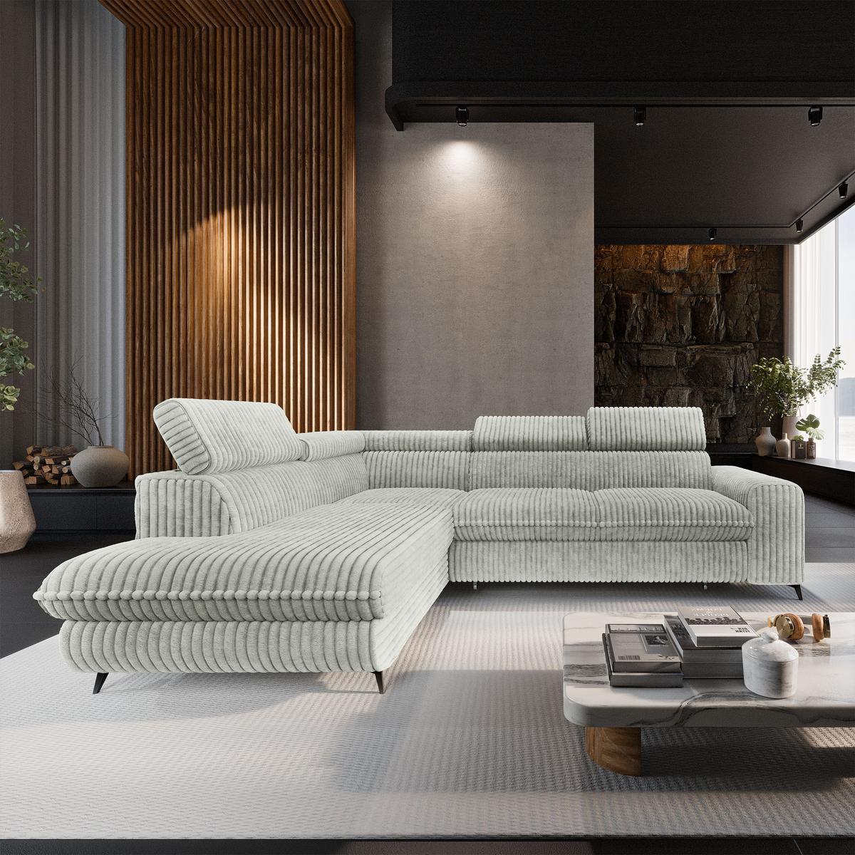 ECKSOFA VELISS Hellgrau Kordstoff mit Schlaffunktion - Hellgrau, Holz (255/193cm) - MASSENO