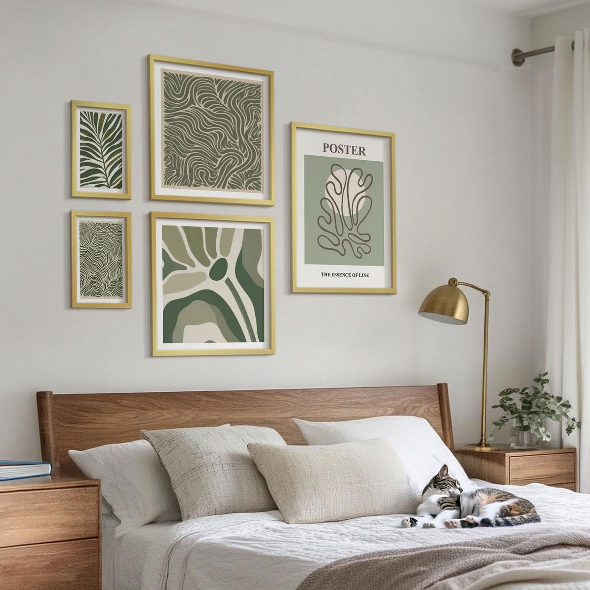 BILDER SET 5er Set - 50x50 cm & 20x30 cm & 40x60 cm Goldrahmen - Blattmuster und wellenförmige Formen - Goldfarben, Kunststoff (40/60cm) - TULUP