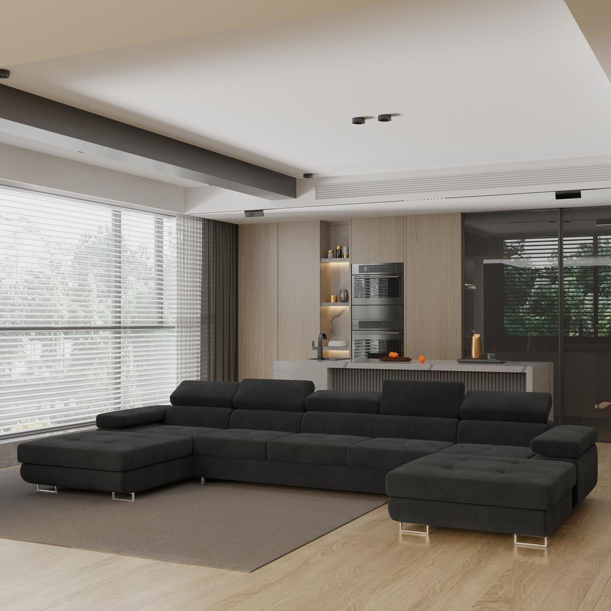 WOHNLANDSCHAFT OMBRA Schwarz Velours-Stoff mit Schlaffunktion - Schwarz, Holz (425/90/202cm) - MASSENO