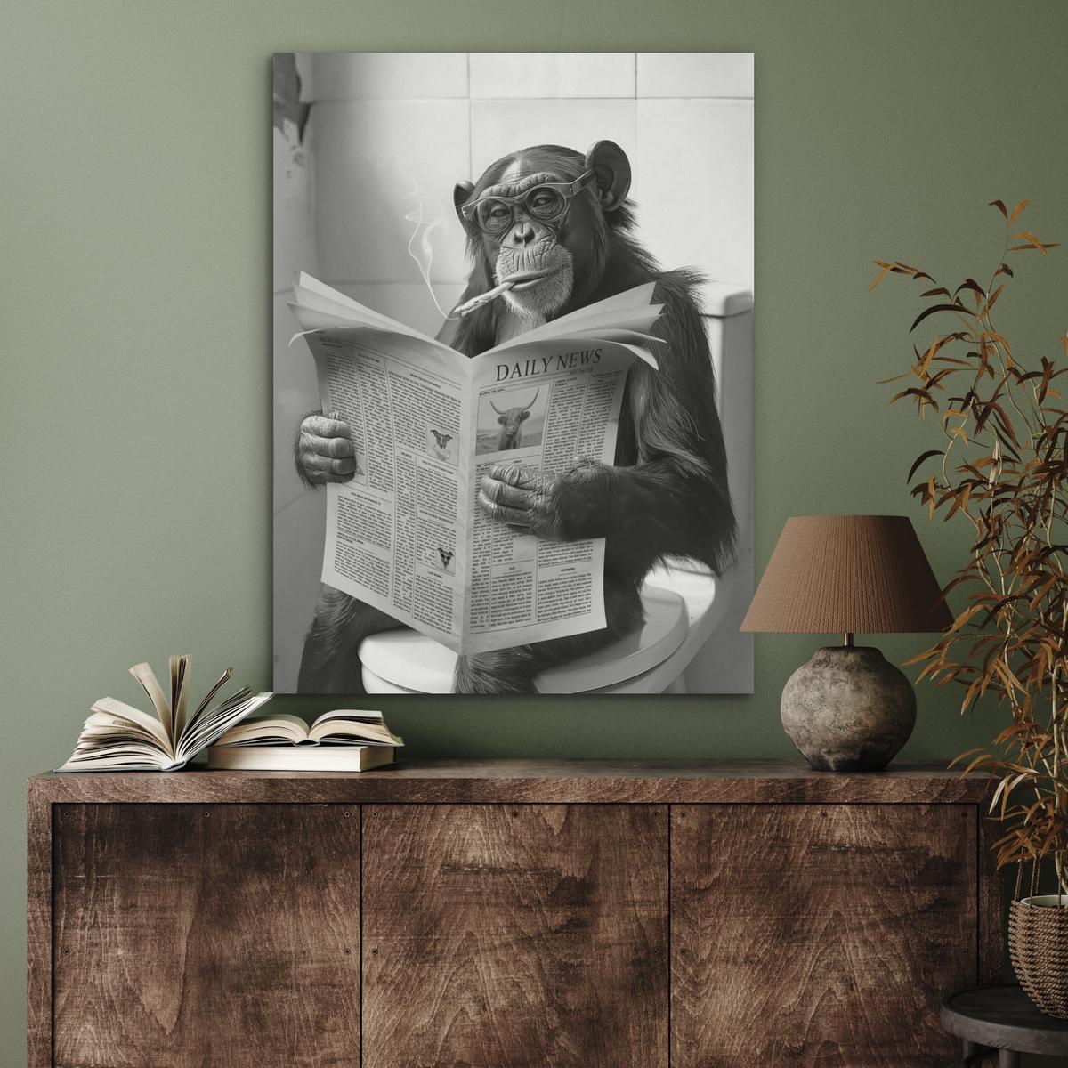 AKUSTIKBILD Affe - WC - Zeitung - Schwarz-Weiß - Humor Wandbilder 60x80 cm - Hellgrau, Kunststoff (60/80/0.9cm) - MuchoWow