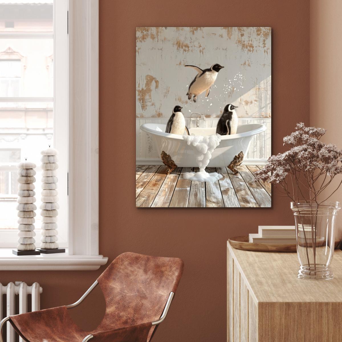 METALLBILD Vintage - Pinguin - Badewanne - Schaumstoff 60x80 cm - Schwarz, Metall (60/80cm) - MuchoWow
