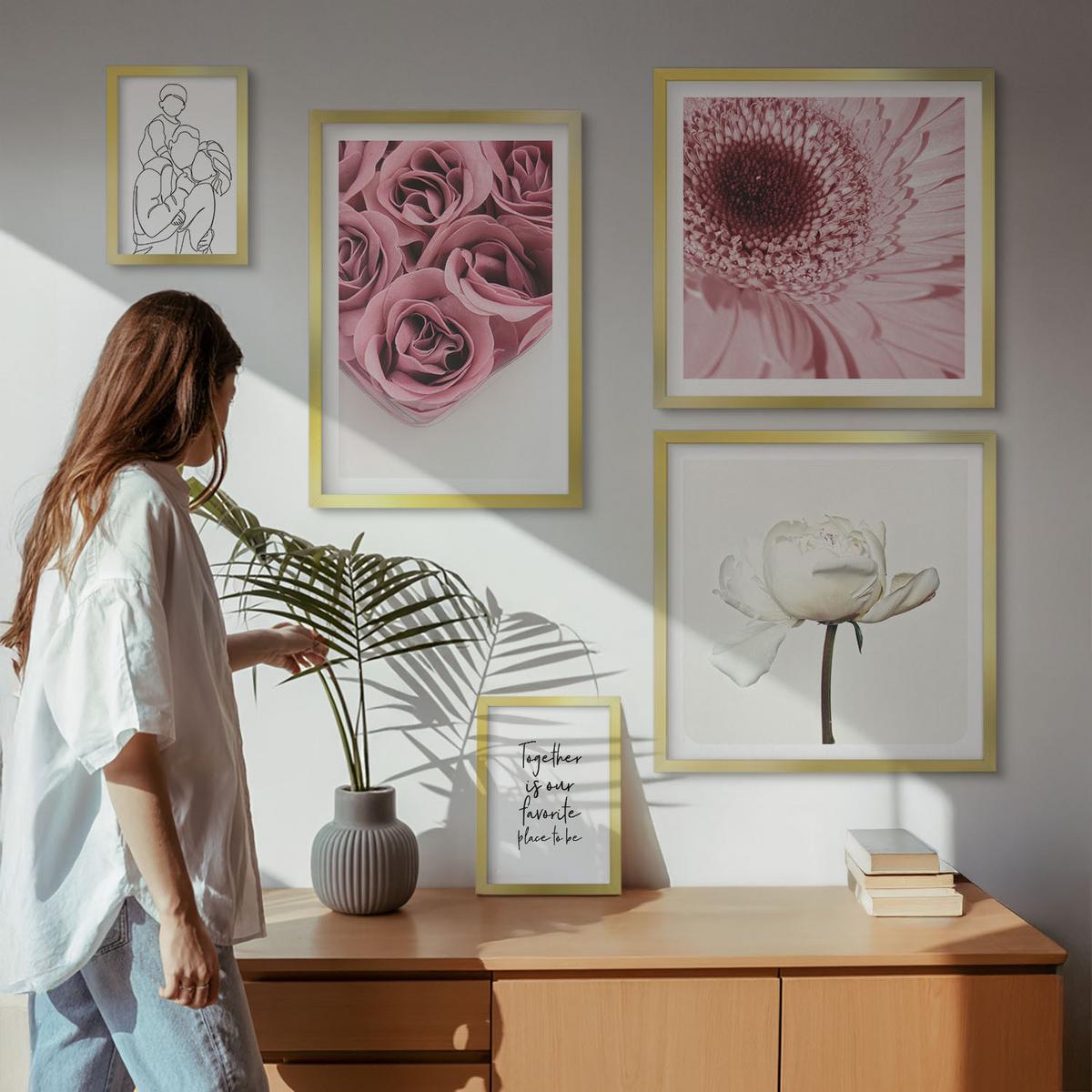 BILDER SET 5er Set - 50x50 cm & 20x30 cm & 40x60 cm Goldrahmen - Rosensträuße als Familienzeichnung - Goldfarben, Kunststoff (40/60cm) - TULUP